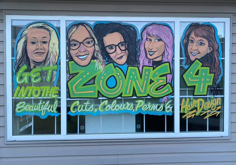 Aspen & Ivy Hair Studio Williams Lake, BC (window art by Dwayne Davis